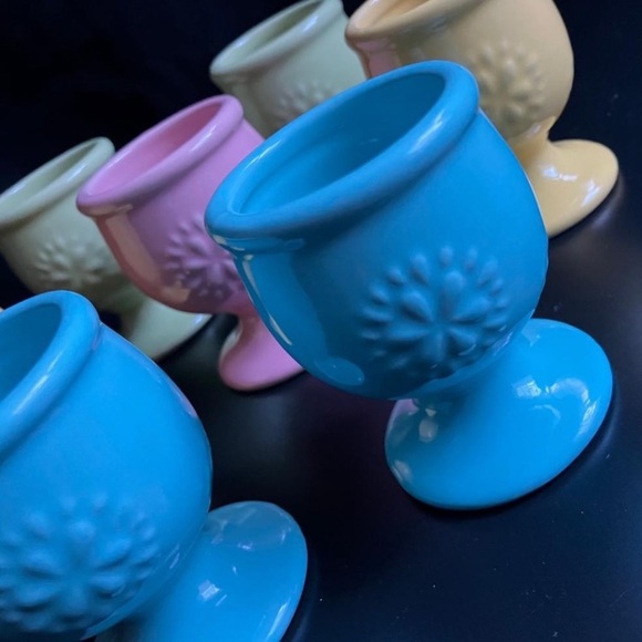 Double Nice Co. Egg Cups Embossed Design Pastel Blue Pink Green Yellow Lot of 7 - Picture 3 of 4